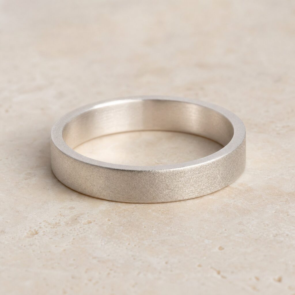 Close-up of the satin finish on the Satin Weight fine silver band