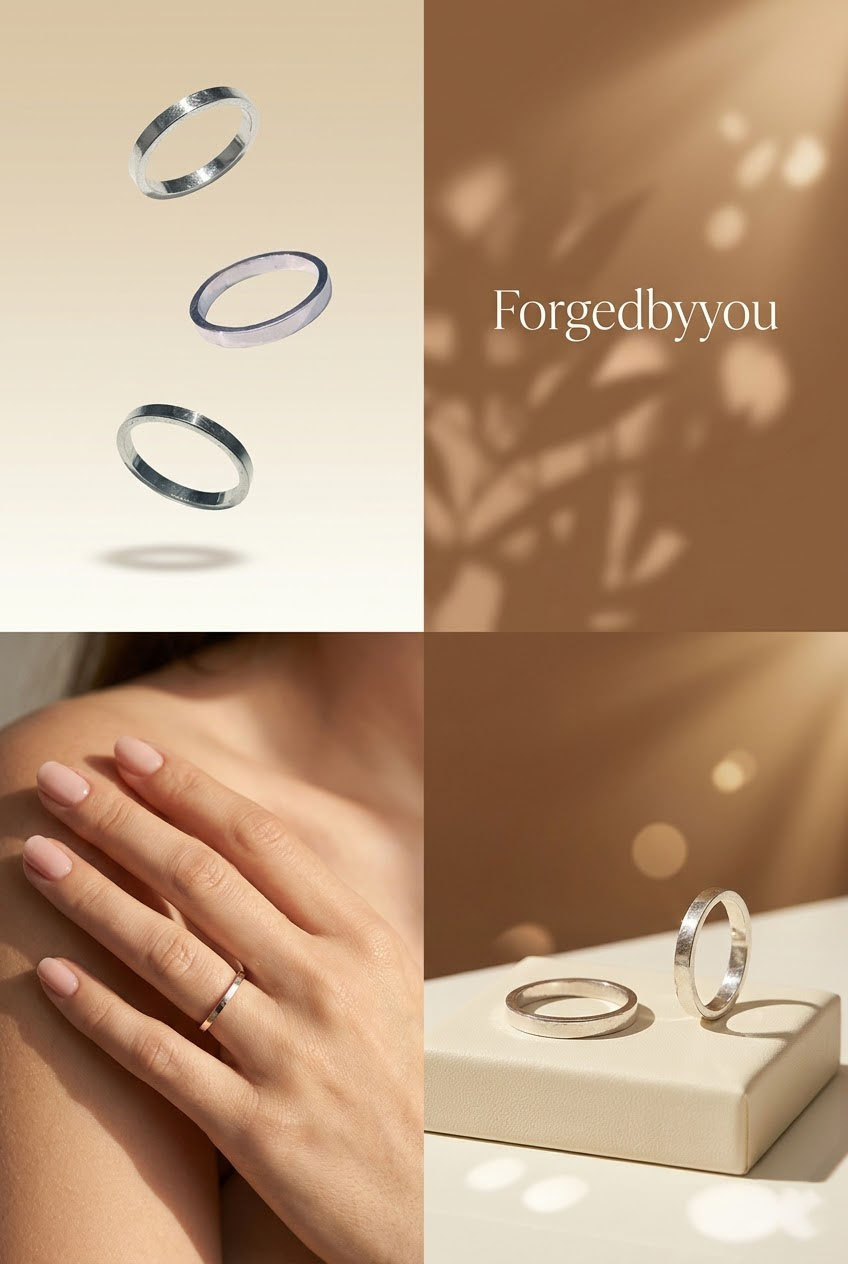 Fine silver rings arranged in a warm-toned editorial collage