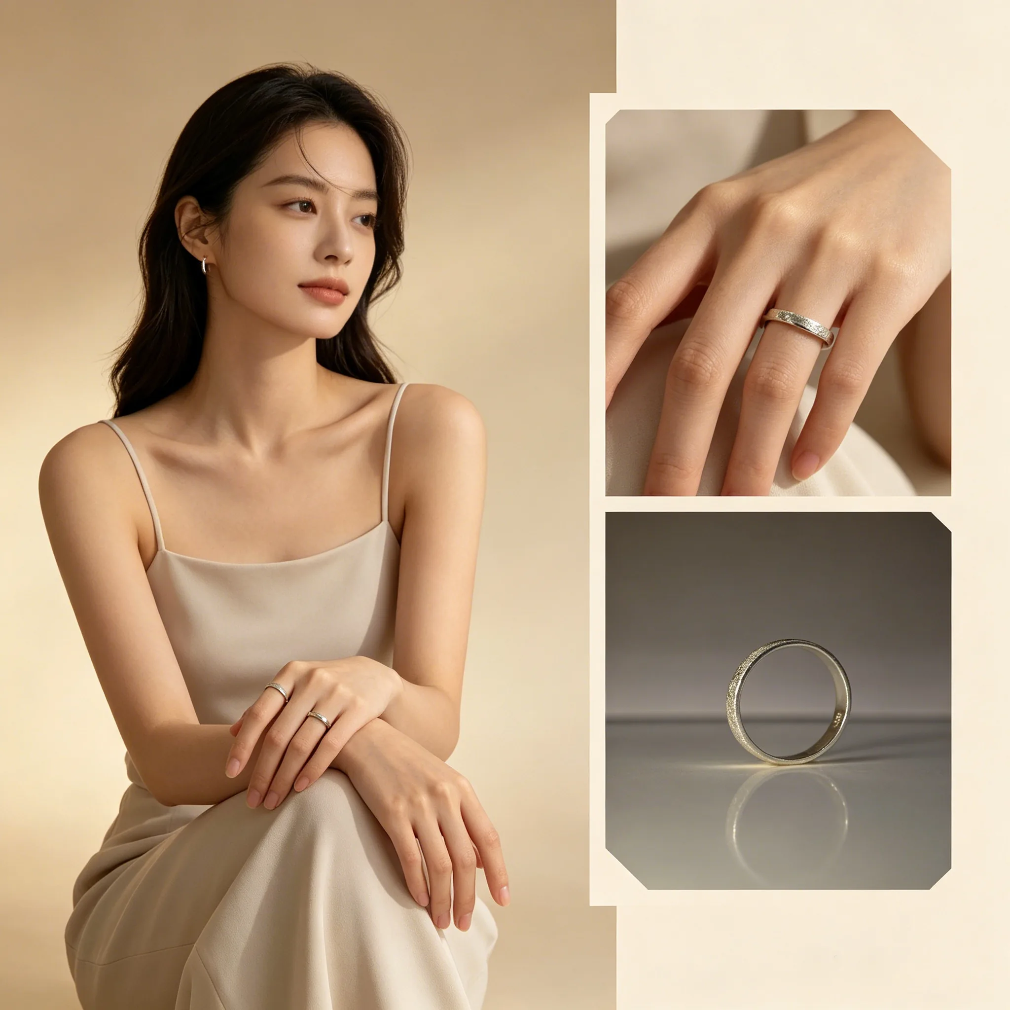 Warm editorial portrait with close views of a fine silver ring